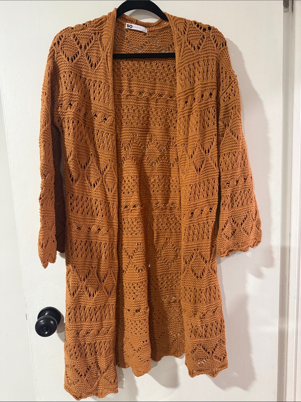 SO Open-Knit Long Cardigan Sweater - Rust Orange